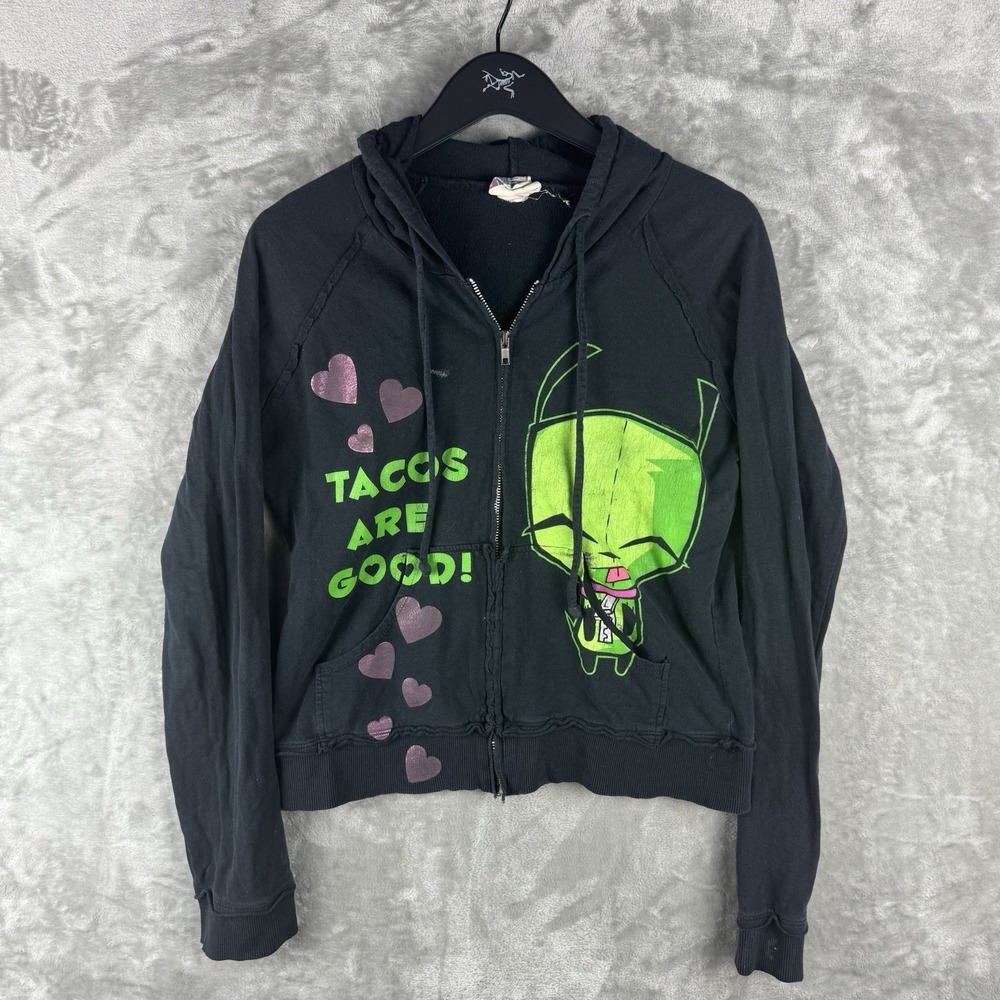Vintage Mighty Fine Invader Zim Gurr Tacos Are Good Zip Up Hoodie Size Small Y2K